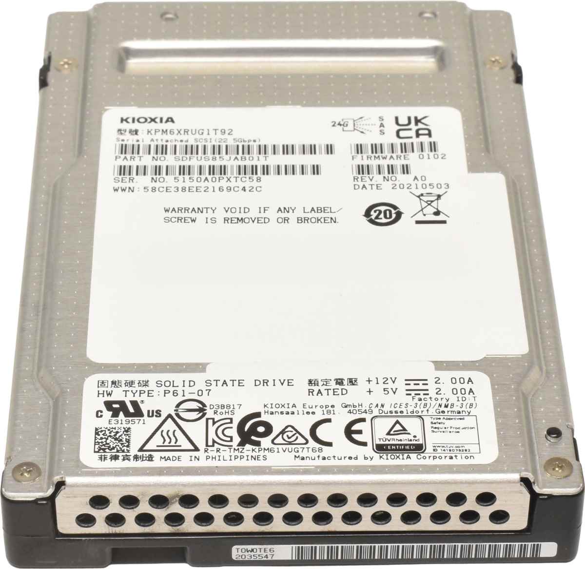 Kioxia 1.92TB 2.5" 24G SAS SSD KPM6XRUG1T92 SDFUS85JAB01T