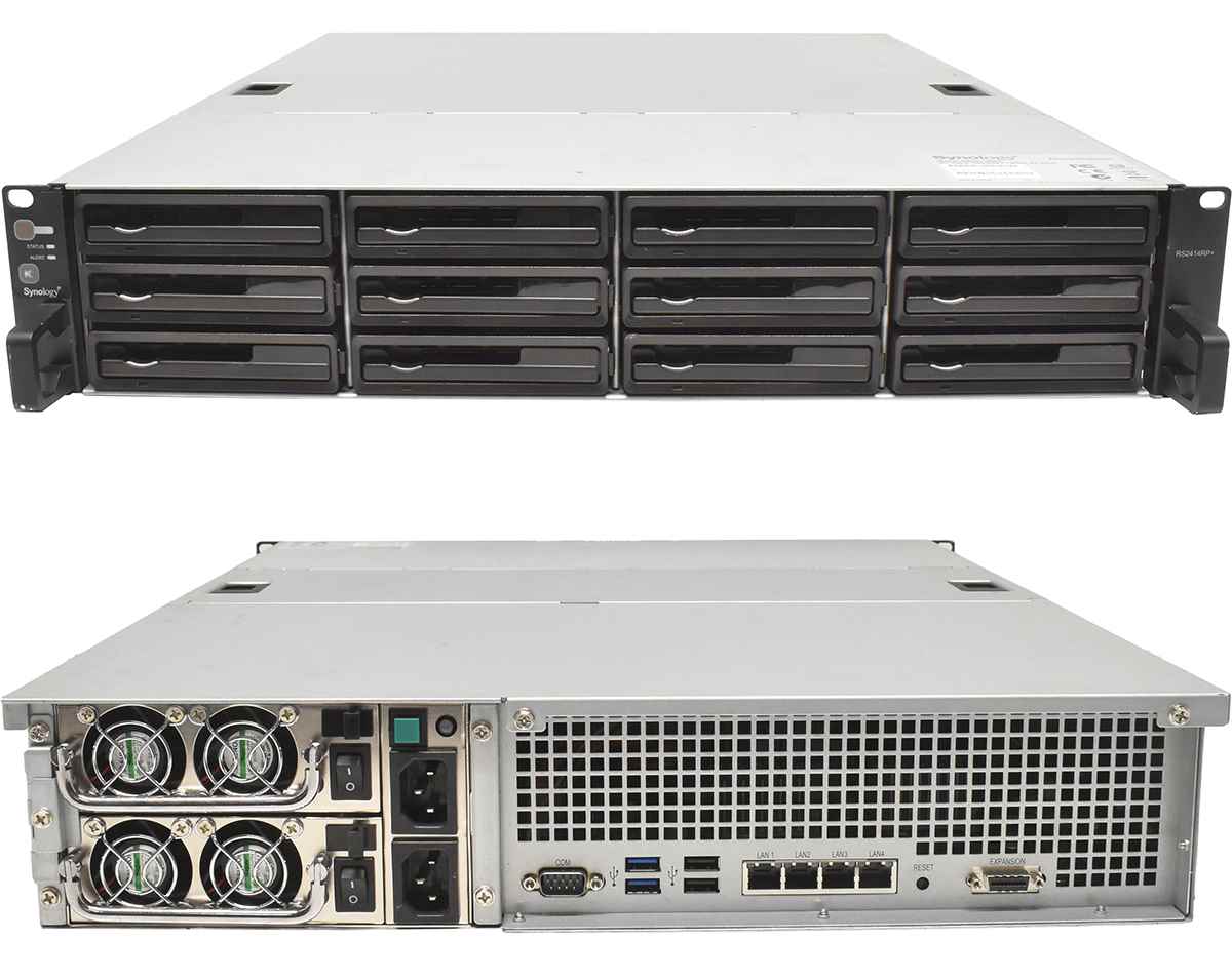 Synology RS2414RP+ NAS Rack Station Intel Atom Dual Core CPU 2GB DDR3 Ohne Festplatten 12x Rahmen