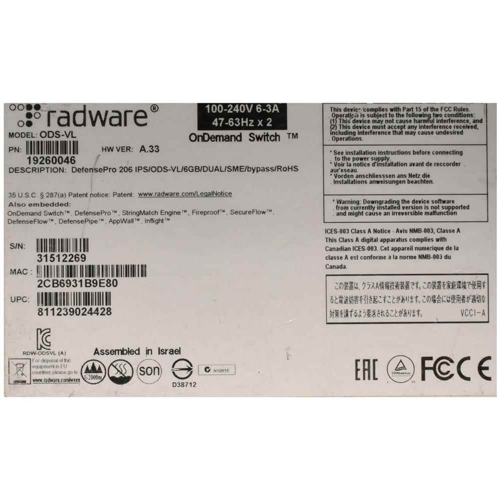 Radware ODS-VL 19260046 DefensePro 206 IPS ODS-VL 6GB DUAL SME bypass Radware ODS-VL 19260046 DefensePro 206 IPS ODS-VL 6GB DUAL SME bypass