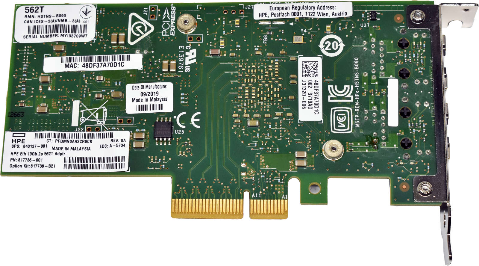 HP 562T HSTNS-B090 Ethernet Dual-Port 10GbE SFP+ PCI-Express Server Adapter 840137-001 LP