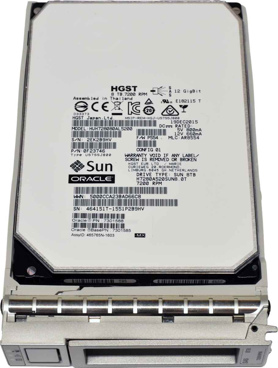 Sun Oracle HGST 7301588 HUH728080AL5200 8TB 3.5" 7.2K 12G SAS HDD +Caddy