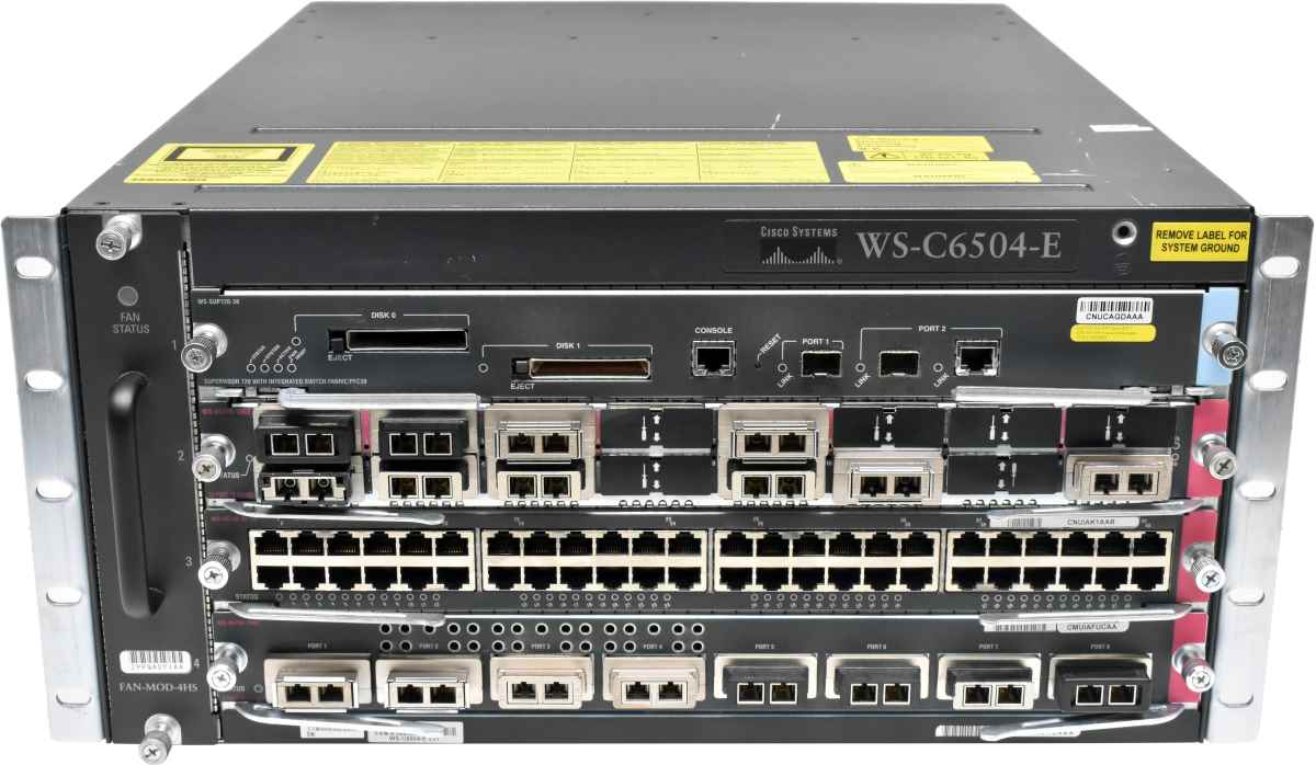 Cisco Catalyst WS-C6504-E 68-2476-01 +Modules WS-SUP720-3B WS-X6716-10GE WS-X6748-GE-TX WS-X6708-10GE 2xPSU 18x 10G GBIC Rack Ears