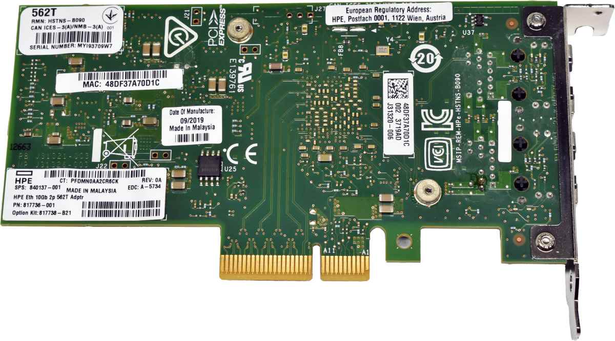 HP 562T HSTNS-B090 Ethernet Dual-Port 10GbE SFP+ PCI-Express Server Adapter 840137-001 HP 562T HSTNS-B090 Ethernet Dual-Port 10GbE SFP+ PCI-Express Server Adapter 840137-001