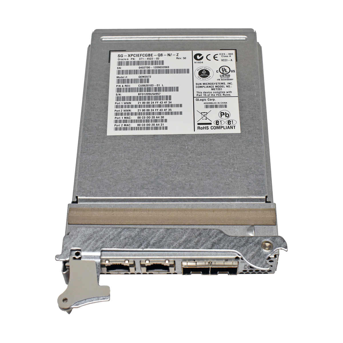 Sun Oracle SG-XPCIEFCGBE-Q8 QEM3572 371-4522-02 4-Port Ethernet Host Adapter 2x mini GBICs Sun Oracle SG-XPCIEFCGBE-Q8 QEM3572 371-4522-02 4-Port Ethernet Host Adapter 2x mini GBICs