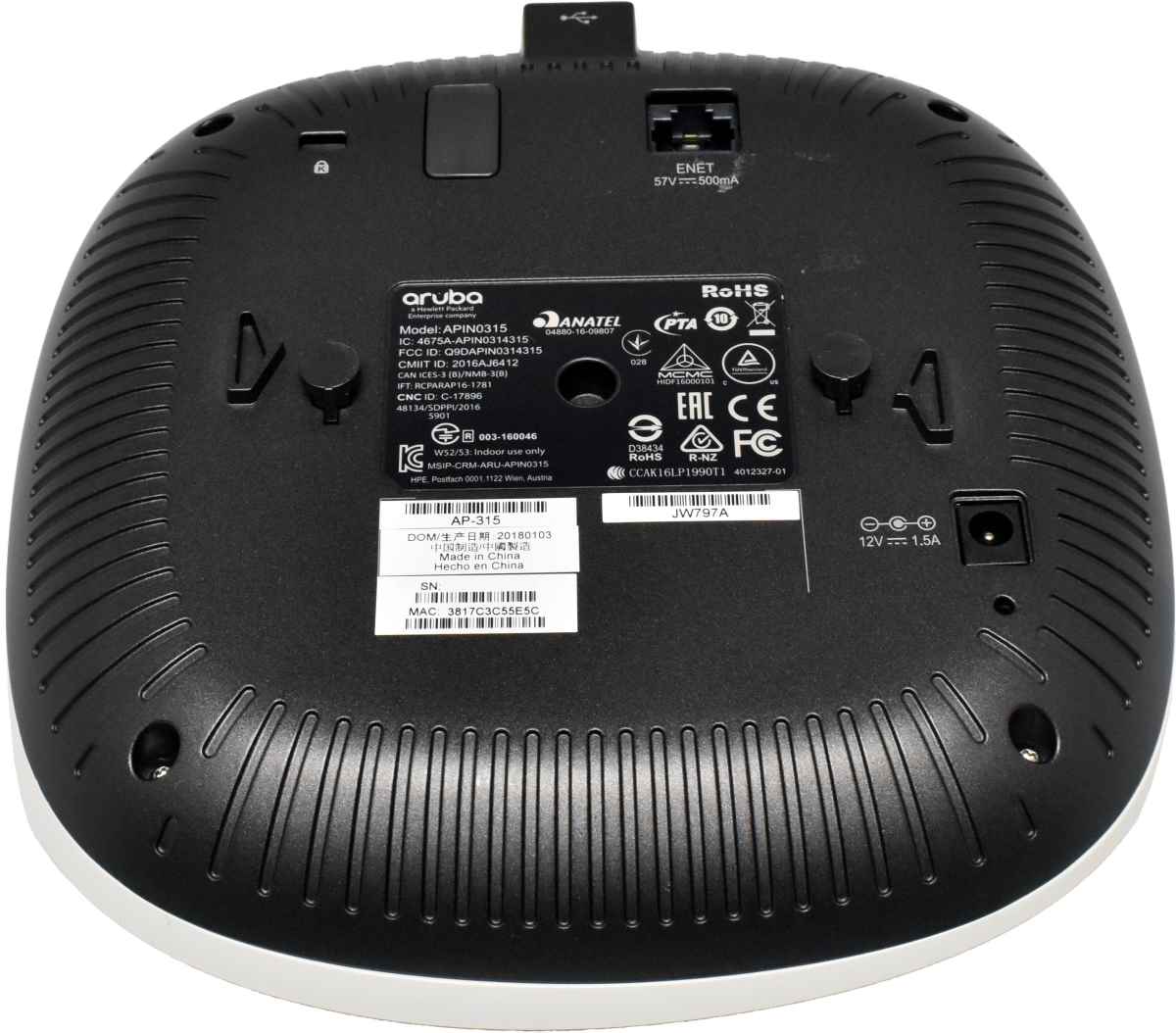 Aruba AP-315 JW797A 802.11n/ac 2x2:2/4x4:4 MU-MIMO Dual Radio AP no PSU