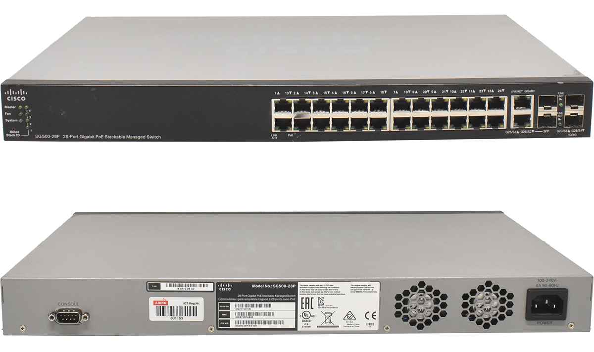 Cisco SG500-28P 24-Port RJ-45 PoE GE Switch 4x GE (2x Combo GE + 2x 1GE/5GE SFP) Cisco SG500-28P 24-Port RJ-45 PoE GE Switch 4x GE (2x Combo GE + 2x 1GE/5GE SFP)