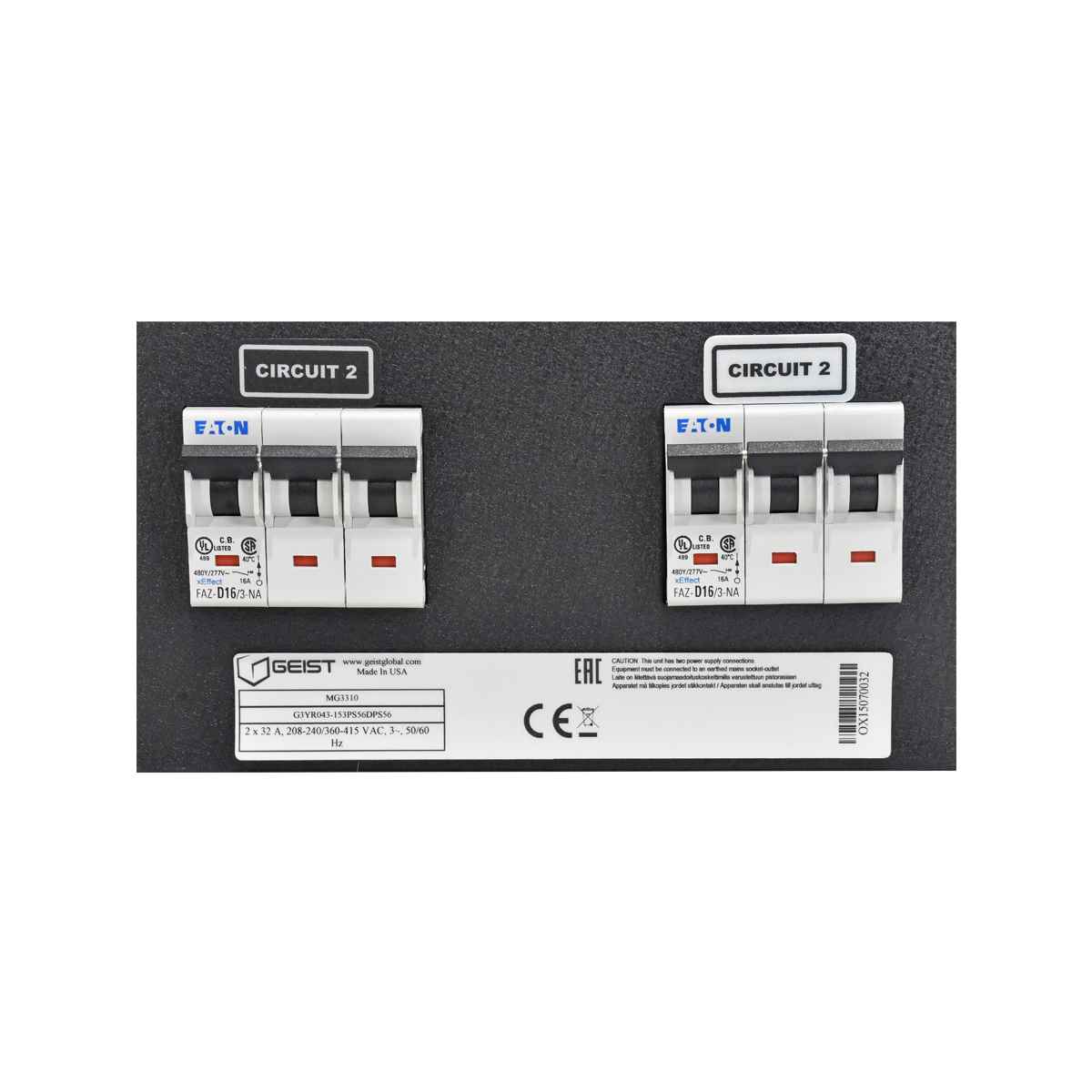 Geist PDU MU3311 U3YR043-033PS56DPS56 32A/24A 208-240/360-415 VAC 50/60 Hz Rack Ears Geist MG3310 G3YR043-153PS56DPS56 3U 240/415 VAC 2x 32A CE Splitter