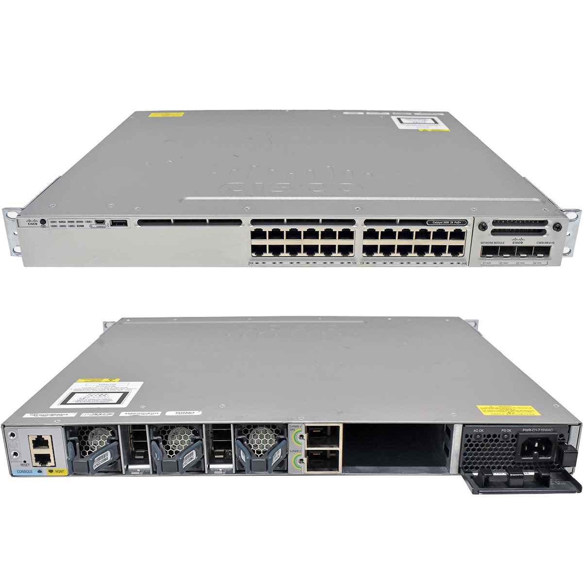 Cisco Catalyst WS-C3850-24P-S 24-Port PoE+ GE Switch + Module C3850-NM-4-1G 1x PSU Rack Ears Cisco Catalyst WS-C3850-24P-E 24-Port PoE+ GE Switch + Module C3850-NM-4-1G 1x PSU Rack Ears
