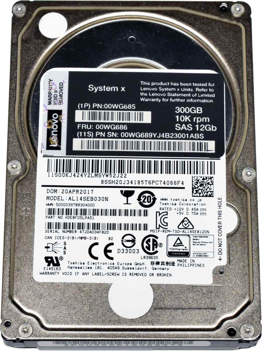 IBM Lenovo Toshiba 300GB 2.5" 10K 12G SAS HDD Festplatte AL14SEB030N 00WG686 System x3650 M5 IBM Lenovo Toshiba 300GB 2.5" 10K 12G SAS HDD Festplatte AL14SEB030N 00WG686 System x3650 M5