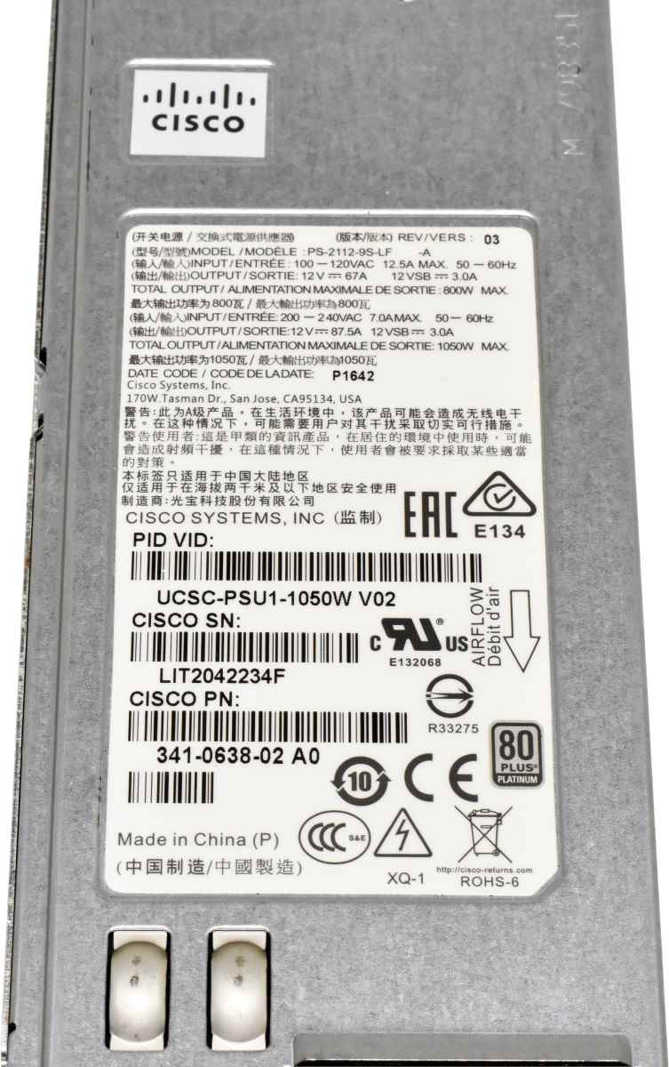 Cisco PS-2112-9S-LF 1050W Power Supply UCSC-PSU1-1050W 341-0638-02 for C220 M5 Cisco PS-2112-9S-LF 1050W Power Supply UCSC-PSU1-1050W 341-0638-02 for C220 M5