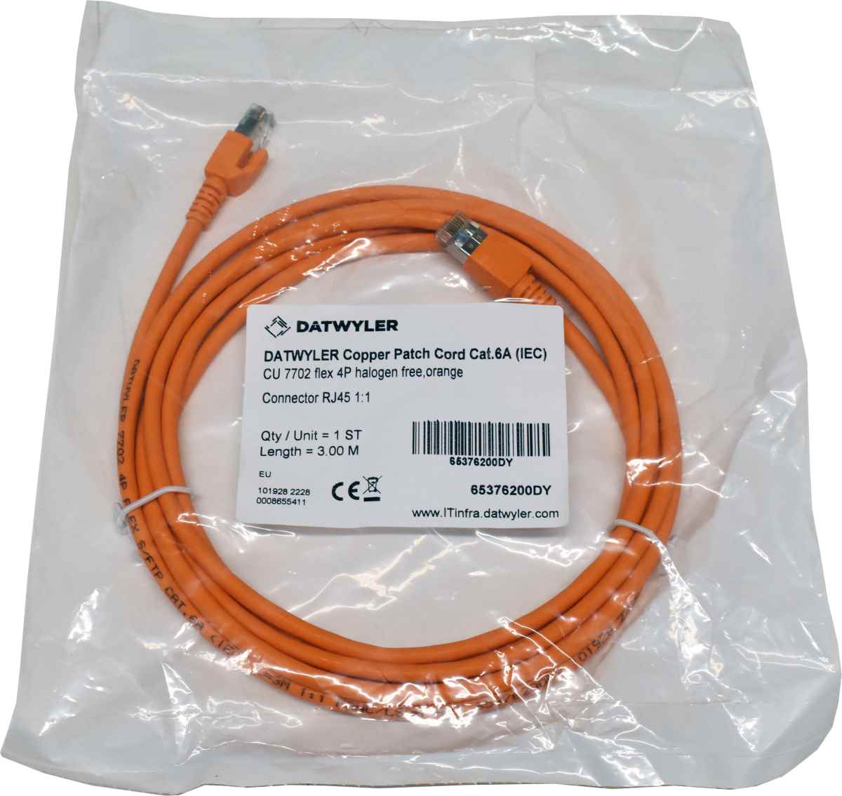 Dätwyler 3m 65376200DY Copper Patch Cord RJ-45 Cat.6A IEC orange NEW NEU Dätwyler 3m 65376200DY Copper Patch Cord RJ-45 Cat.6A IEC orange NEW NEU