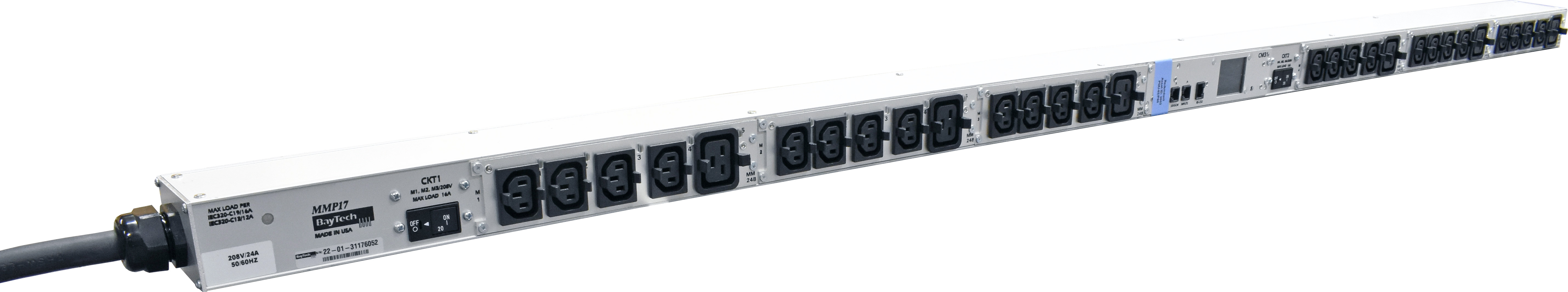 BayTech MMP17 Rack PDU Metered Single-Phase Null HE 24A 230V 24x C13 6x C19 integrated locking clips BayTech MMP17 Rack PDU Metered Single-Phase Null HE 24A 230V 24x C13 6x C19 integrated locking clips