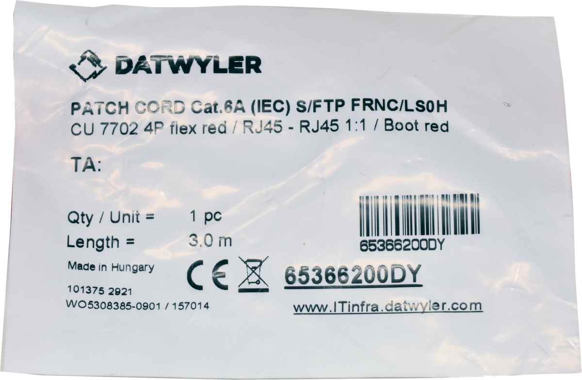 Dätwyler 3m 65366200DY Copper Patch Cord RJ-45 Cat.6A IEC red NEW NEU