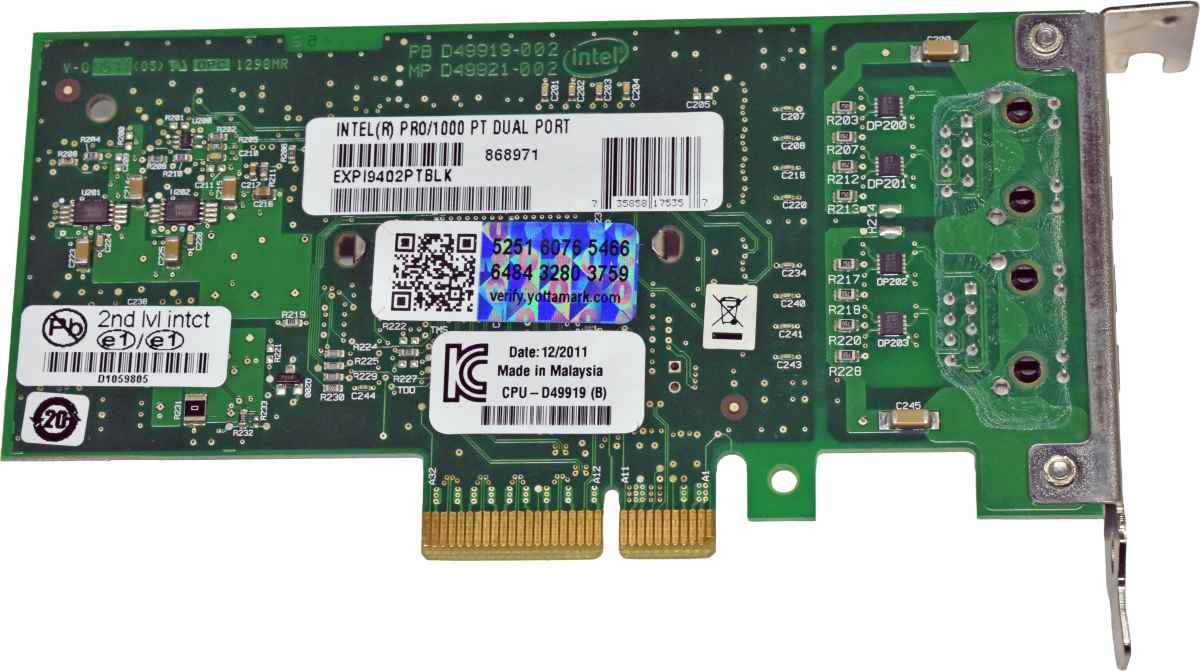 Intel Pro/1000 PT Dual Port EXPI9402PTBLK 868971 RJ-45 GE Server Adapter PCIe x4 LP Intel Pro/1000 PT Dual Port EXPI9402PTBLK 868971 RJ-45 GE Server Adapter PCIe x4 LP