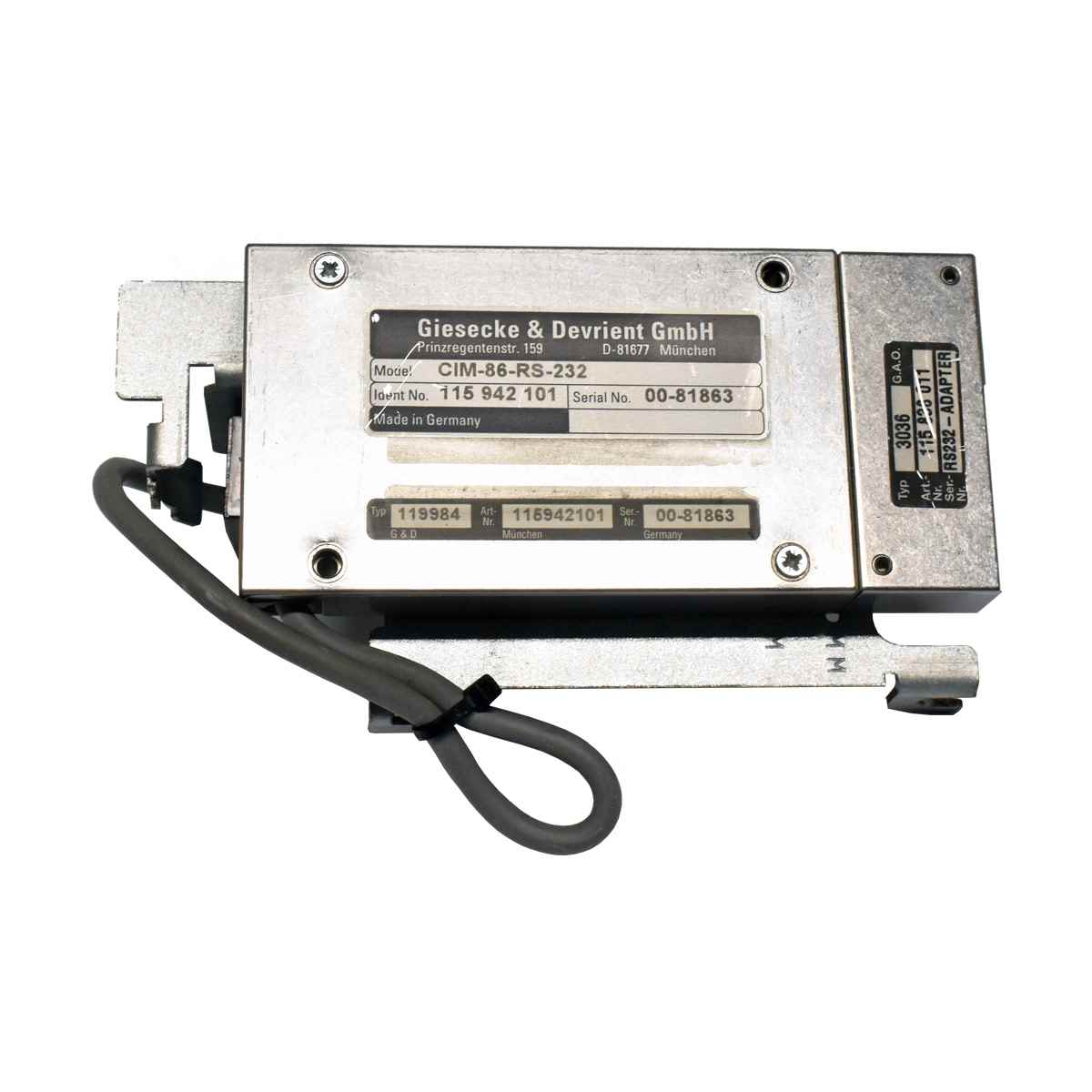 Giesecke & Devrient CIM Modul CIM-86-RS-232 115942101+ RS232 Adapter 115838011+ Kamera 122561001 + Montageblech Giesecke & Devrient CIM Modul CIM-86-RS-232 115942101+ RS232 Adapter 115838011+ Kamera 122561001 + Montageblech