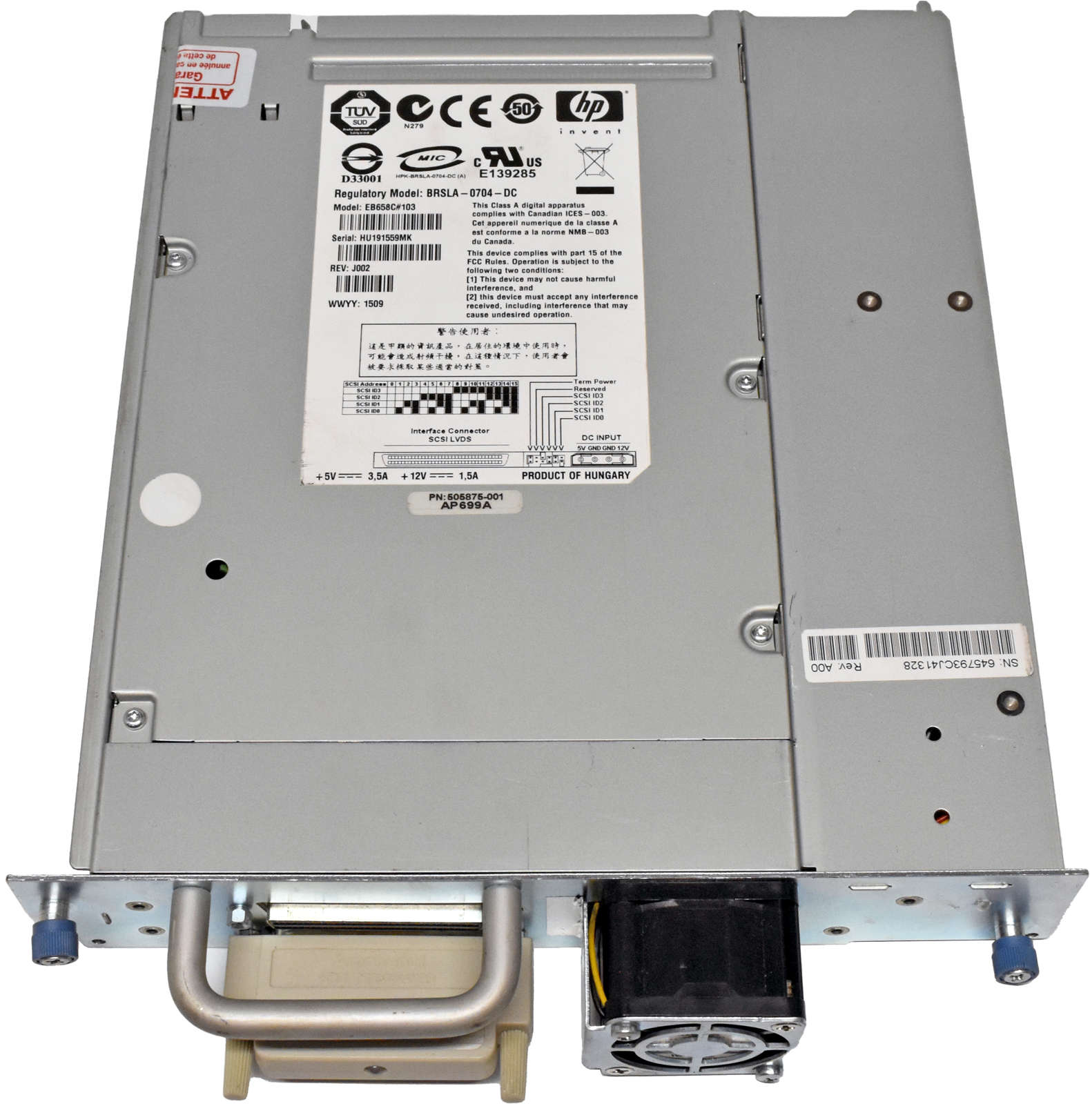 HP-StorageWorks-Ultrium-1760-LTO-4-BRSLA-0704-DC-T-004.jpg HP StorageWorks Ultrium 1760 LTO-4 BRSLA-0704-DC Tape Drive EB658C#103 505875-001