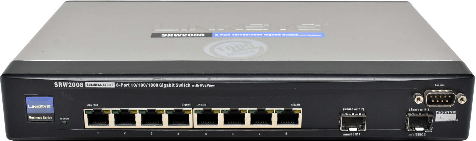 Linksys-SRW2008-8-Port-RJ-45-GE-Switch-2x-1G-SFP-C-002.jpg Linksys SRW2008 8-Port RJ-45 GE Switch 2x 1G SFP Combo +PSU