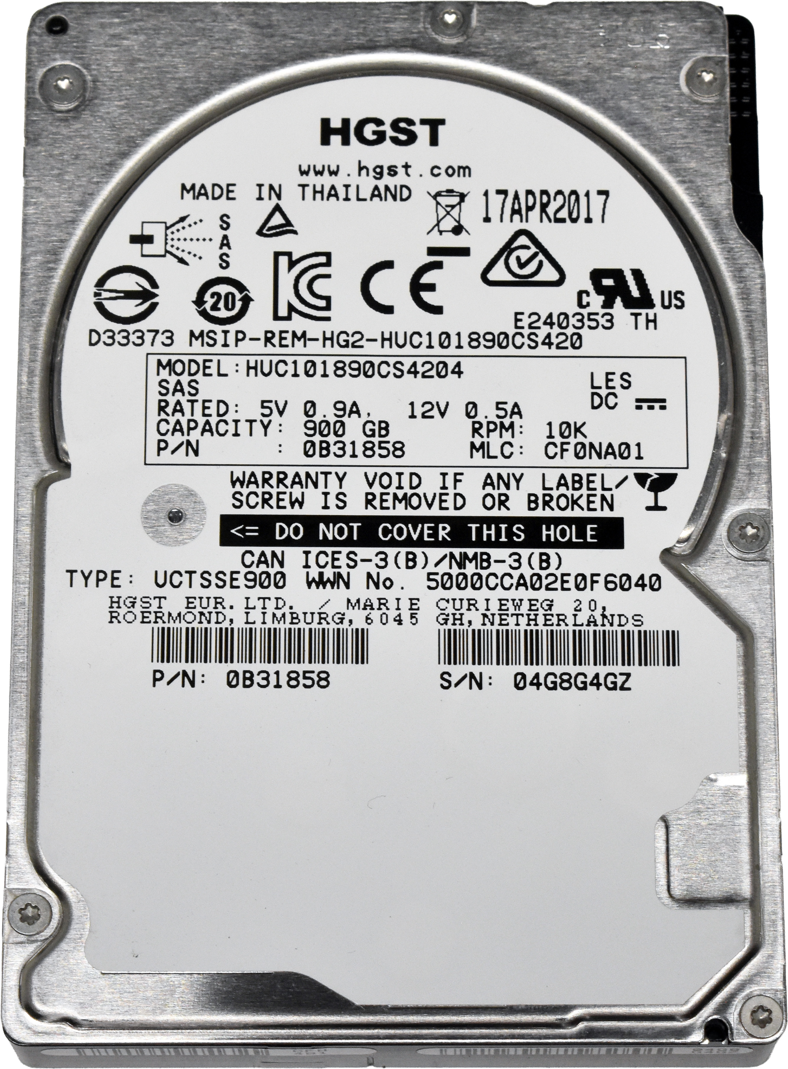 HGST 900GB 2.5" 10K 12G SAS HDD HUC101890CS4204 0B31858 512 Bytes Server Storage