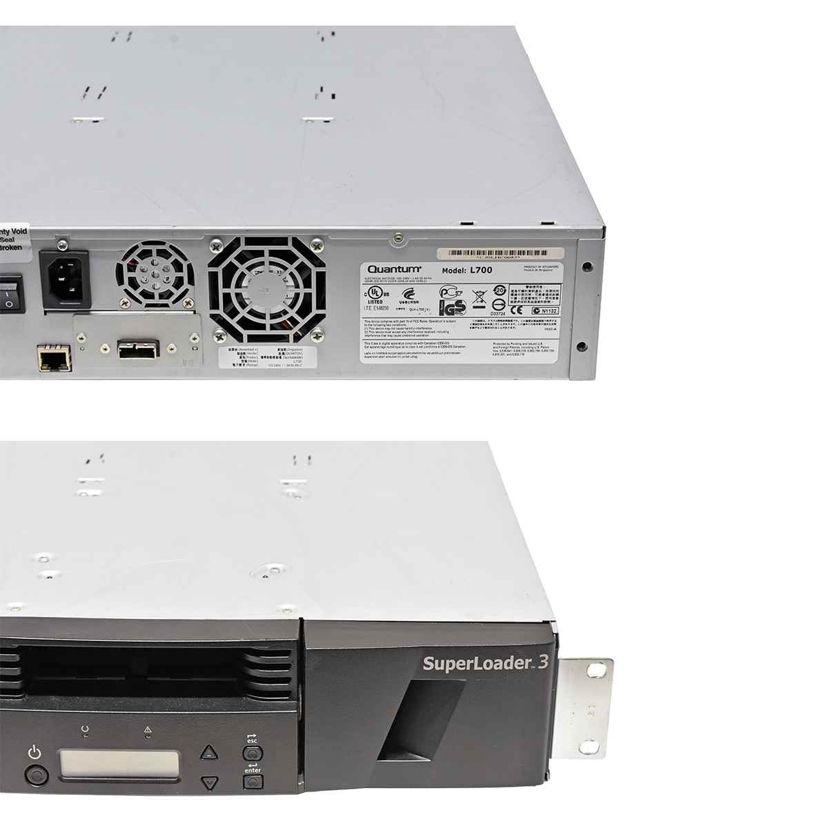 Quantum L700 Superloader 3 Tape Autoloader EC-LFHWE-YF Drive Type LTO-5 6G SAS 8 Slots 1 Magazine 2U 2HE Quantum L700 Superloader 3 Tape Autoloader ET-LLYAE-YE Drive Type LTO-7 6G SAS 16 Slots 2 Magazines 2U 2HE