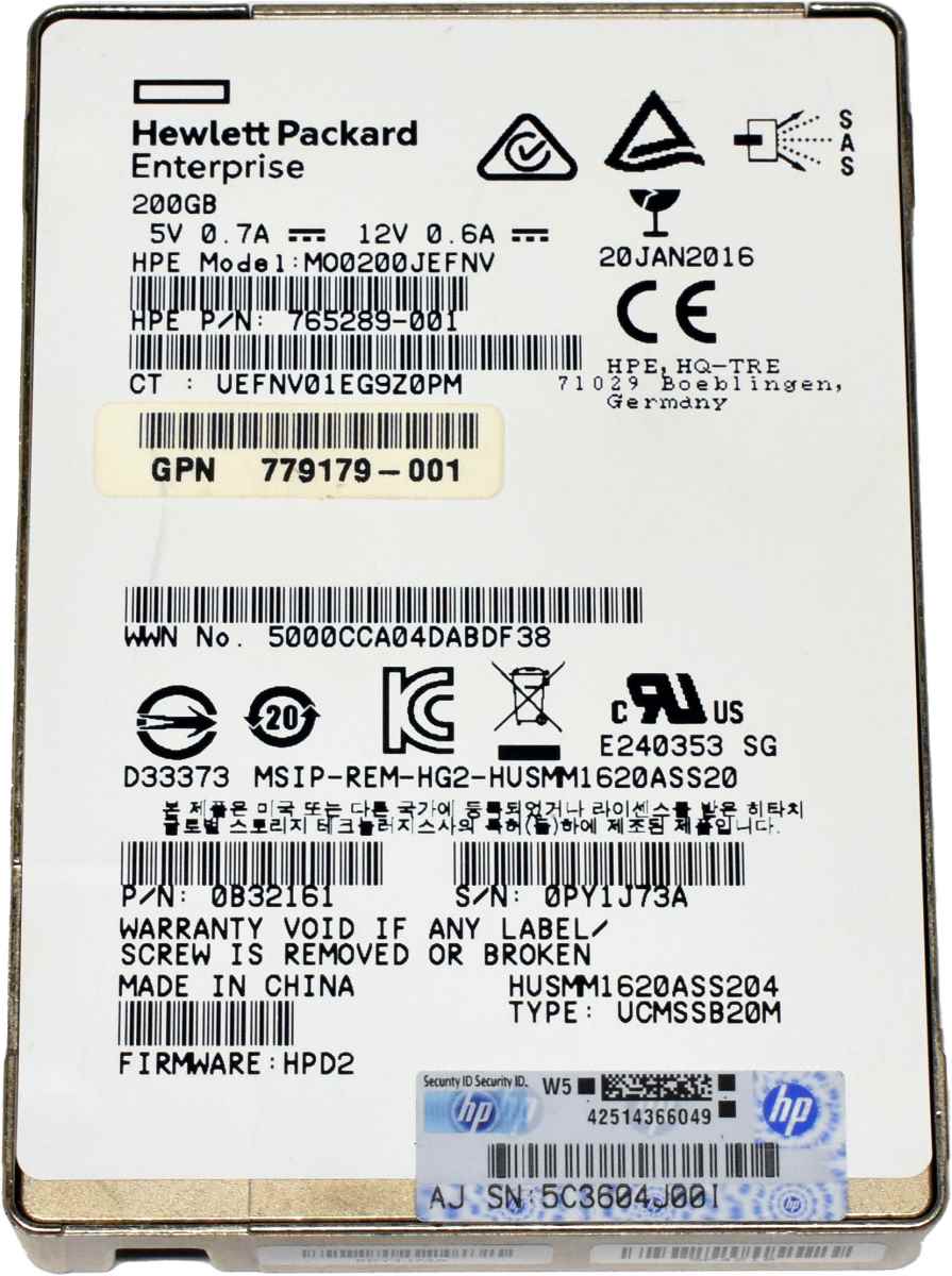 HP Enterprise HGST 200GB 2.5“ 12G SAS SSD HUSMM1620ASS204 765289-001 779179-001 HP Enterprise HGST 200GB 2.5“ 12G SAS SSD HUSMM1620ASS204 765289-001 779179-001