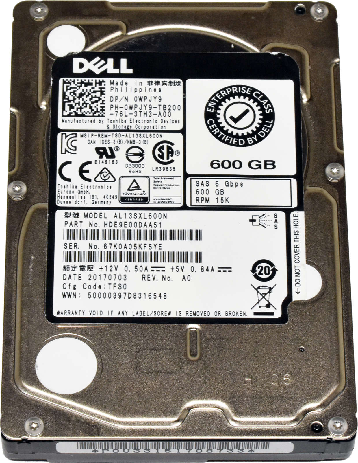 Dell Toshiba 600GB 2.5" 15K 6G SAS HDD AL13SXL600N 0WPJY9
