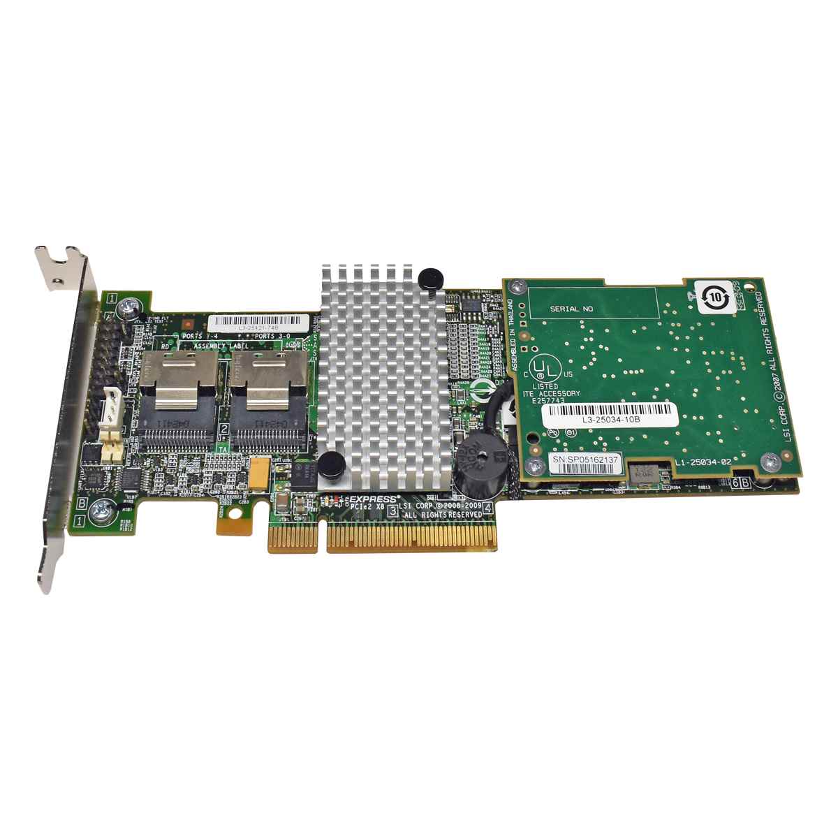 Dell LSI Raid Controller L3-25121-74B 003NDP + BBU + 2xSAS/6xSATA Kabel LP Dell LSI Raid Controller L3-25121-74B 003NDP + Interposer Card + BBU auf Halterung + SAS/3xSATA Kabel LP