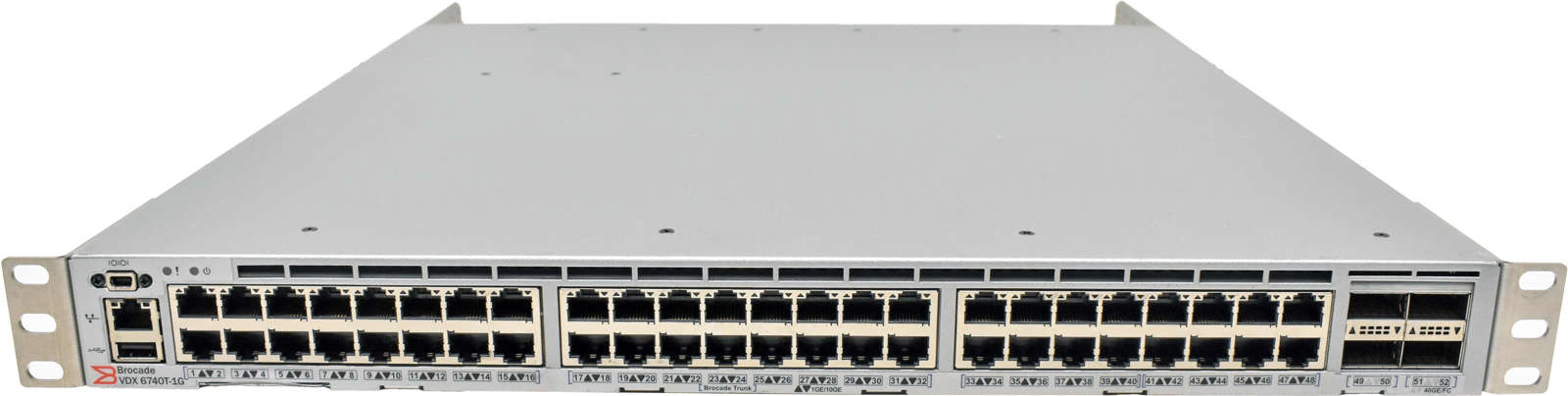 Brocade-VDX-6740T-1G-XBR-VDX6740T-56-1G-F-48-Port-001.jpg Brocade VDX 6740T-1G XBR-VDX6740T-56-1G-F 48-Port RJ-45 10GE Switch 4x 40G QSFP+ Rack Ears