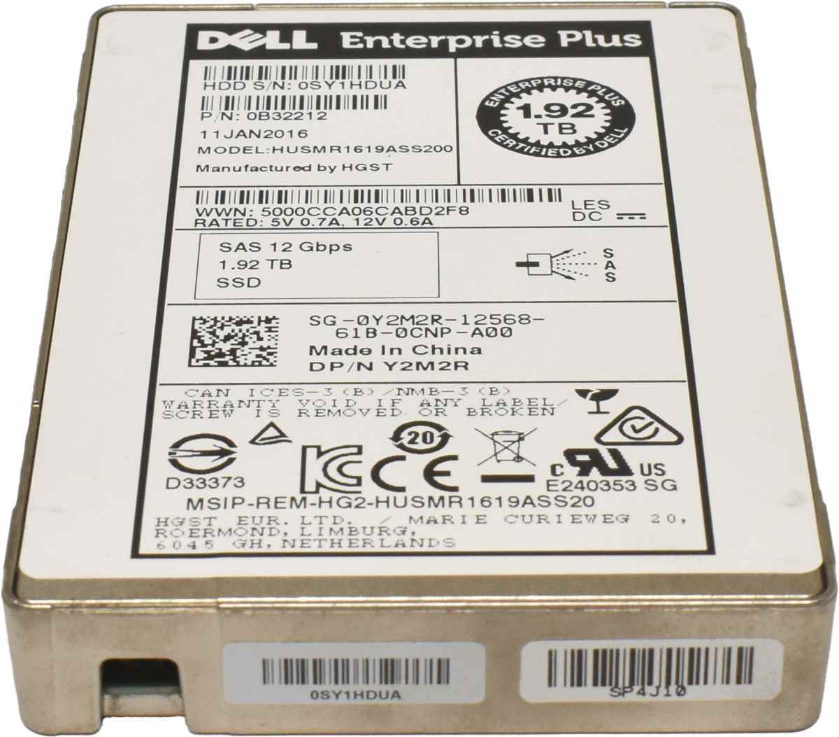 Dell HUSMR1619ASS200 1.92TB 2.5" 12G SAS SSD 0Y2M2R 0B32212