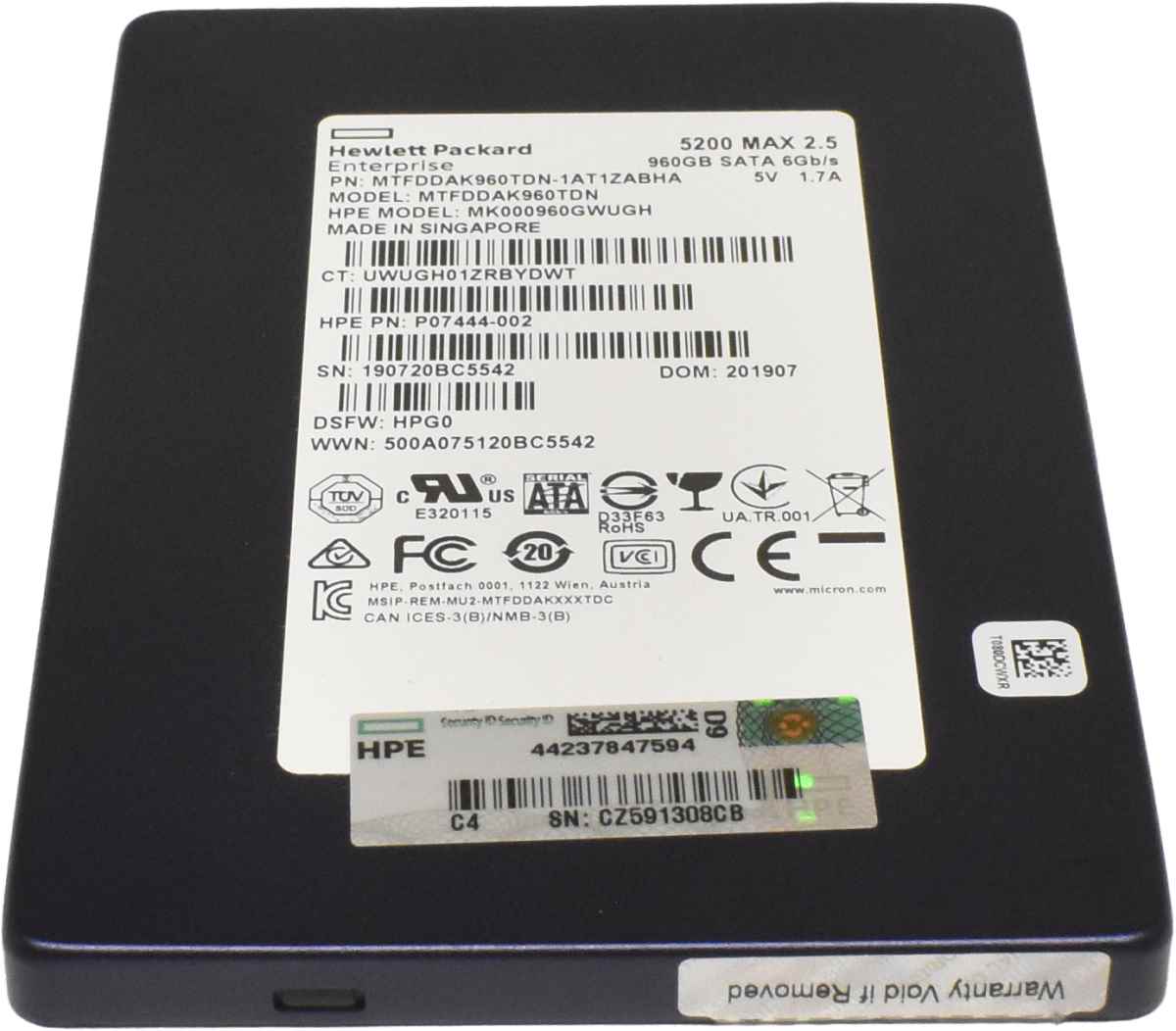Micron HPE 5200 MAX 2.5 960GB SATA DS 6Gb 2.5" SSD MTFDDAK960TDN P07444-002