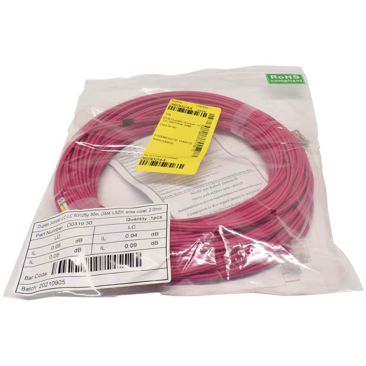 Corning Duplex Jumper LC/LC 50/125 30m OM4 erika violet 2.0mm Neu New 100 x Corning Duplex Jumper LC/LC 50/125 30m OM4 erika violet 2.0mm Neu New