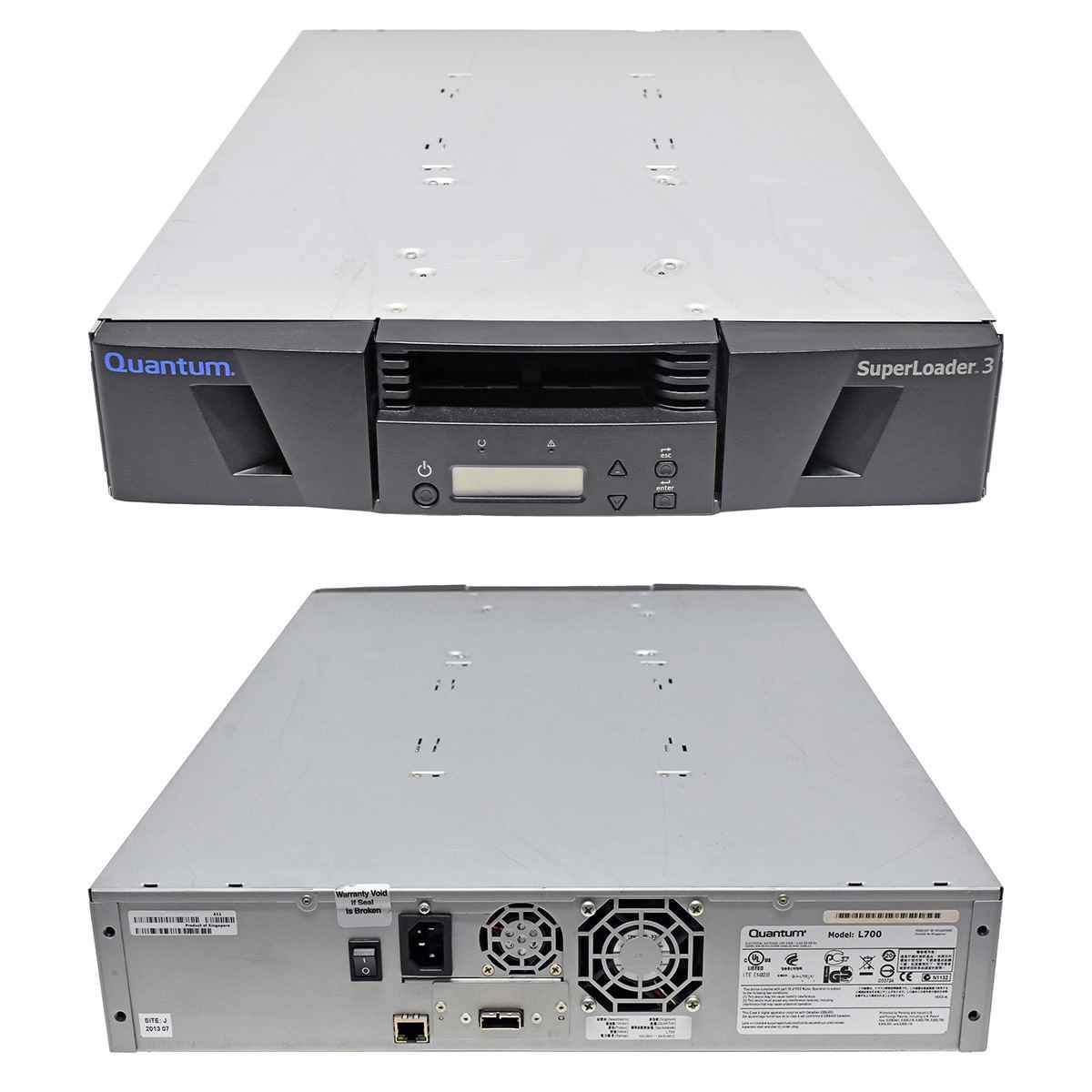 Quantum L700 Superloader 3 Tape Autoloader E7-LFWWE-YF Drive Type LTO-6 6G SAS 16 Slots 2 Magazines 2U 2HE Quantum L700 Superloader 3 Tape Autoloader E7-LFWWE-YF Drive Type LTO-6 6G SAS 16 Slots 2 Magazines 2U 2HE