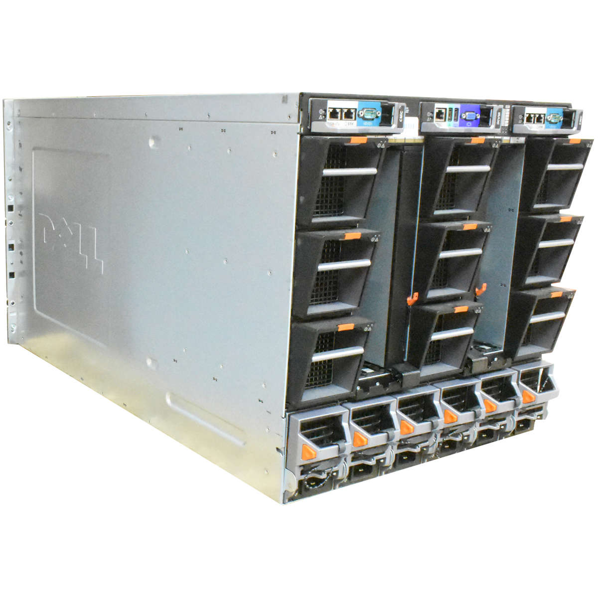 Dell-PowerEdge-M1000e-BladeCenter-für-M630-M640-6x-004.jpg Dell PowerEdge M1000e BladeCenter für M630, M640 6x E3000E-S0 PSU 2x RK095 1x iKVM 0K036D 10U