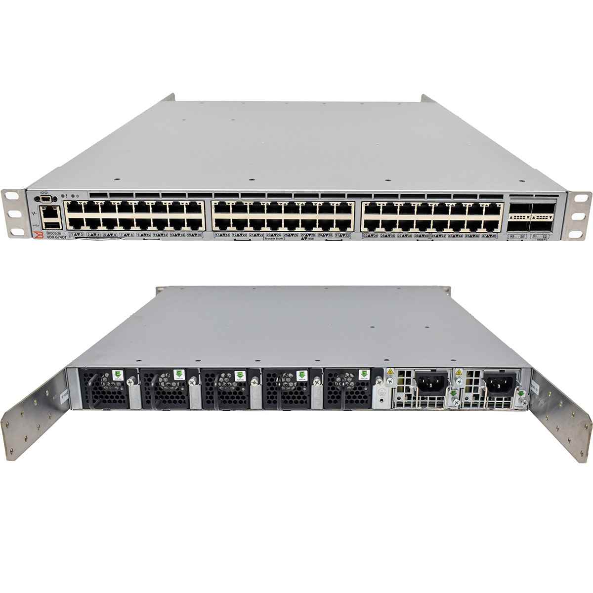 Brocade VDX 6740T BR-VDX6740T-48-F 48-Port 10G RJ-45 Ethernet Switch 4x 40G QSFP+ Rack Ears Brocade VDX 6740T BR-VDX6740T-48-F 48-Port 10G RJ-45 Ethernet Switch 4x 40G QSFP+ Rack Ears