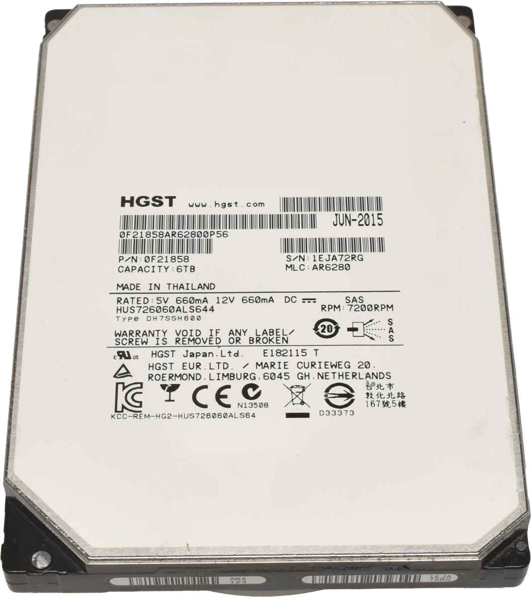HGST 6TB 3.5" 7.2K 12G SAS HDD Festplatte HUS726060ALS644 0F21858