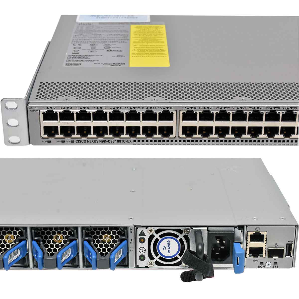 Cisco Nexus N9K-C93108TC-EX 48-Port RJ-45 10 GE Switch 6x 100G QSFP28 +Rack Ears blue FANs Cisco Nexus N9K-C93108TC-EX 48-Port RJ-45 10 GE Switch 6x 100G QSFP28 +Rack Ears blue FANs