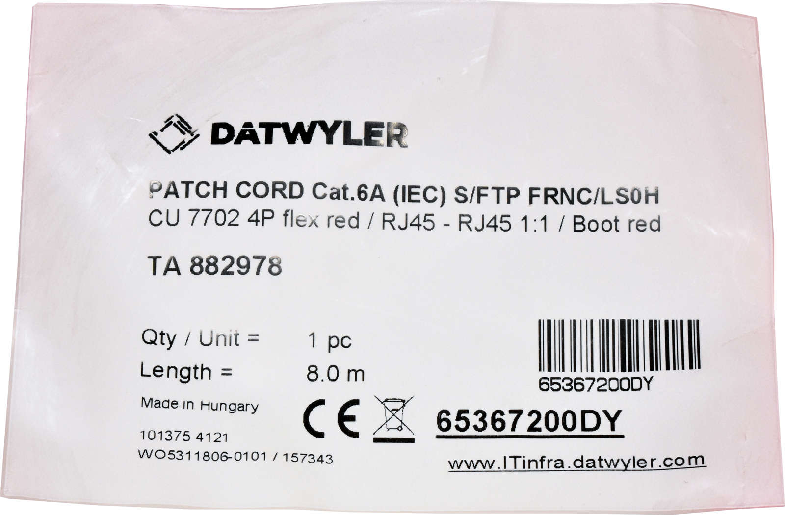 Dätwyler 8m 65367200DY Copper Patch Cord RJ-45 Cat.6A IEC red NEW NEU