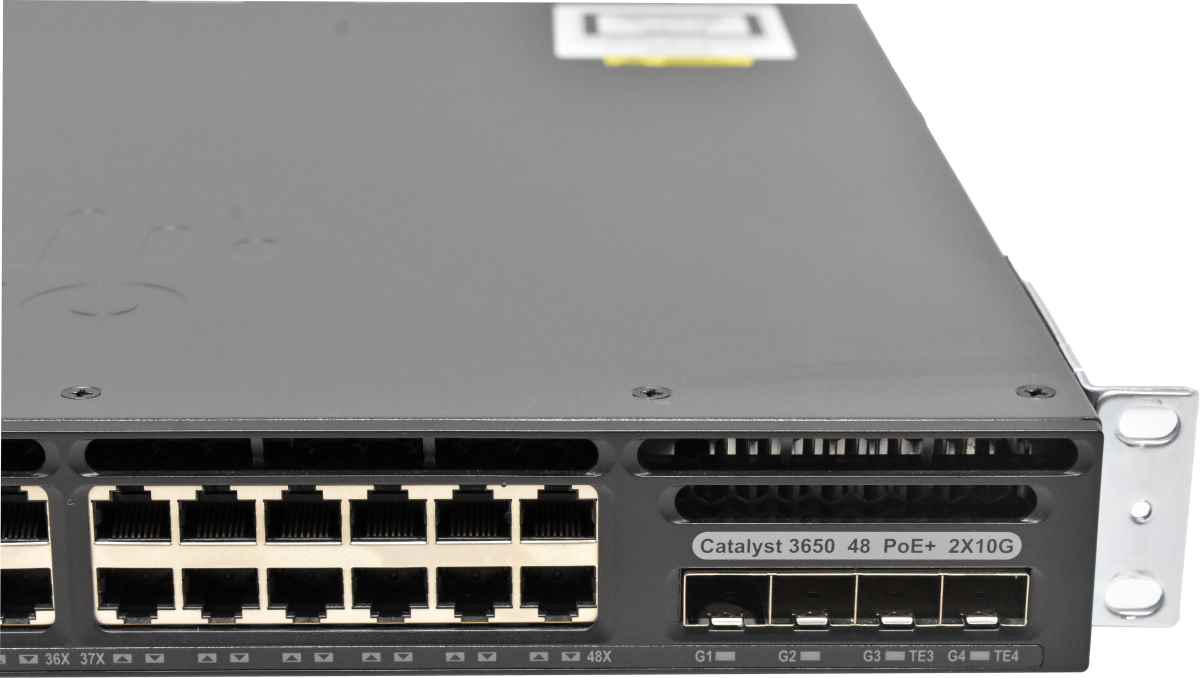 Cisco Catalyst WS-C3650-48PD 48-Port RJ-45 PoE+ GE Switch 2x 1G SFP 2x 10G SFP+ 2x PSU +Rack Ears Cisco Catalyst WS-C3650-48PD 48-Port RJ-45 PoE+ GE Switch 2x 1G SFP 2x 10G SFP+ 2x PSU +Rack Ears