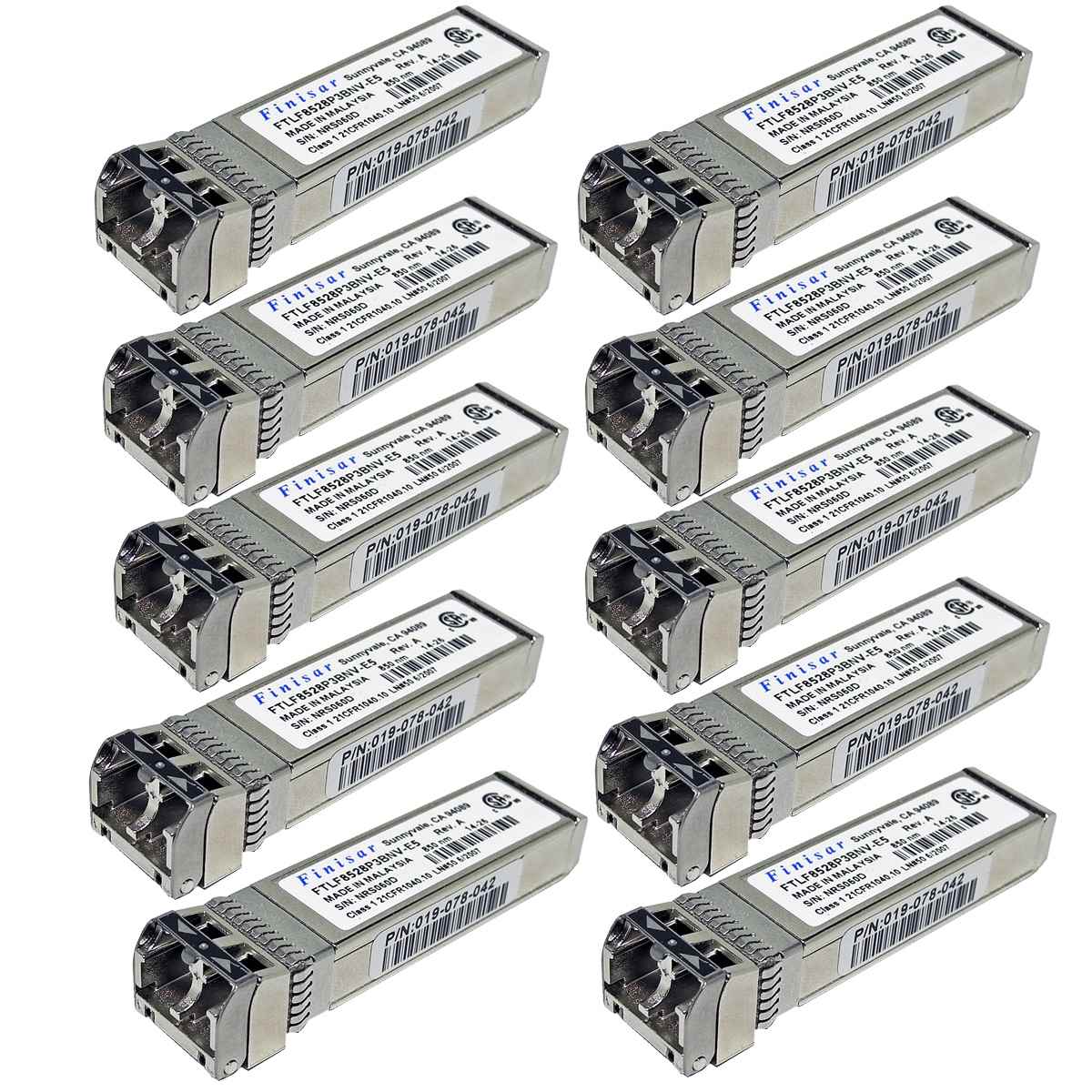 10 x Finisar FTLF8528P3BNV-E5 SFP+ 1000Base-SX 8.5 Gb Transceiver 019-078-042 10 x Finisar FTLF8528P3BNV-E5 SFP+ 1000Base-SX 8.5 Gb Transceiver 019-078-042