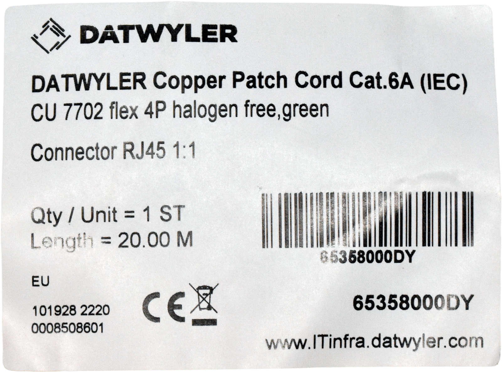Dätwyler 20m 65358000DY Copper Patch Cord RJ-45 Cat.6A IEC green NEW NEU