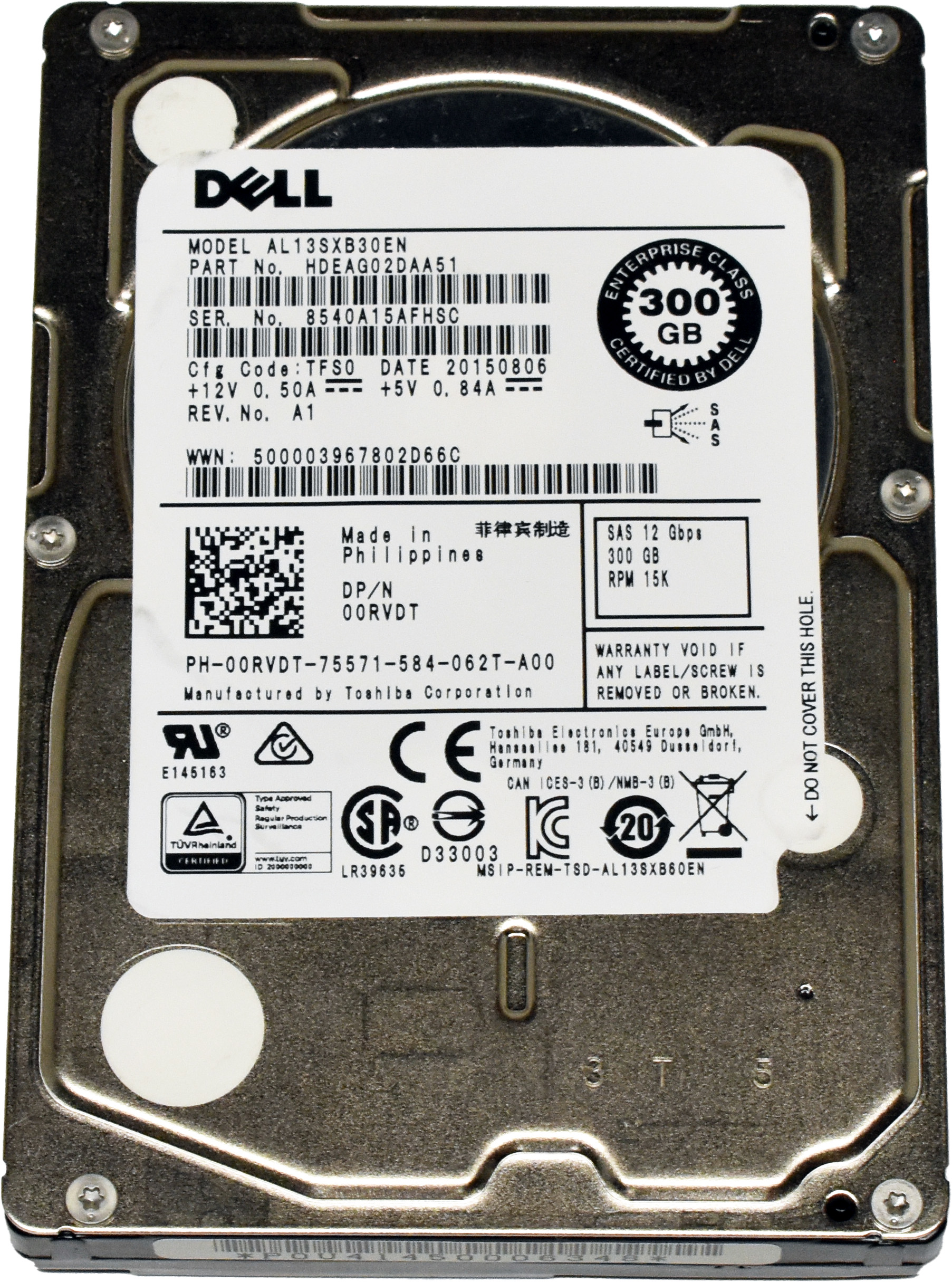 Dell Toshiba 300GB 2.5" 15K 12G SAS HDD Festplatte AL13SXB30EN 00RVDT R630 R730 R620 R720 Dell Toshiba 300GB 2.5" 15K 12G SAS HDD Festplatte AL13SXB30EN 00RVDT R630 R730 R620 R720