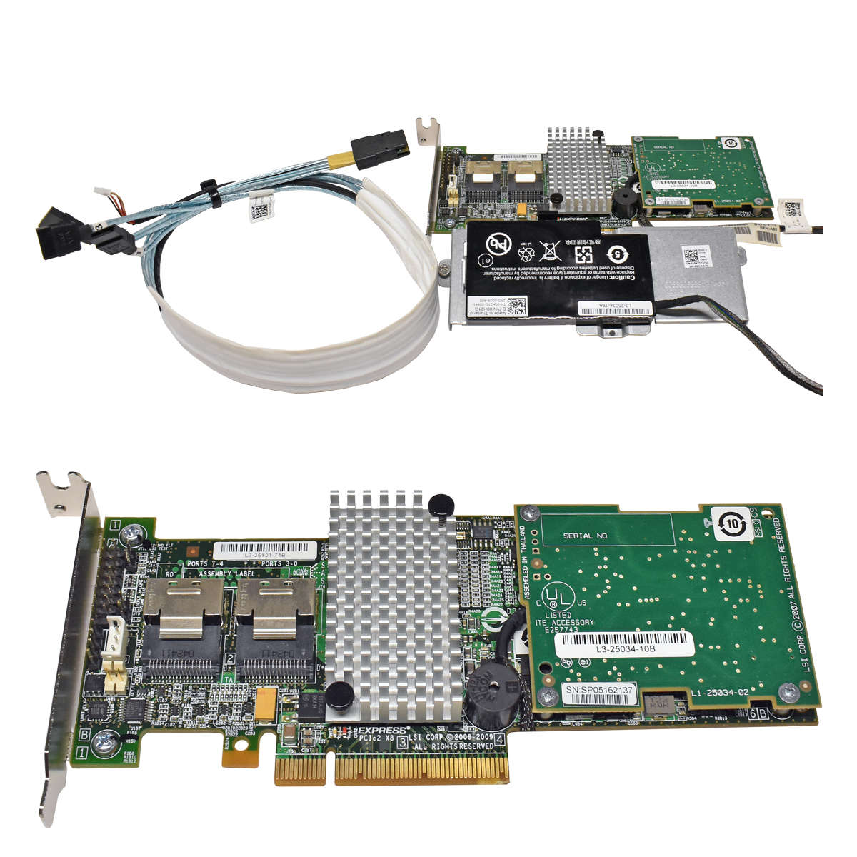 Dell-LSI-Raid-Controller-L3-25121-74B-003NDP-Inter-001.jpg Dell LSI Raid Controller L3-25121-74B 003NDP + Interposer Card + BBU auf Halterung + SAS/3xSATA Kabel LP