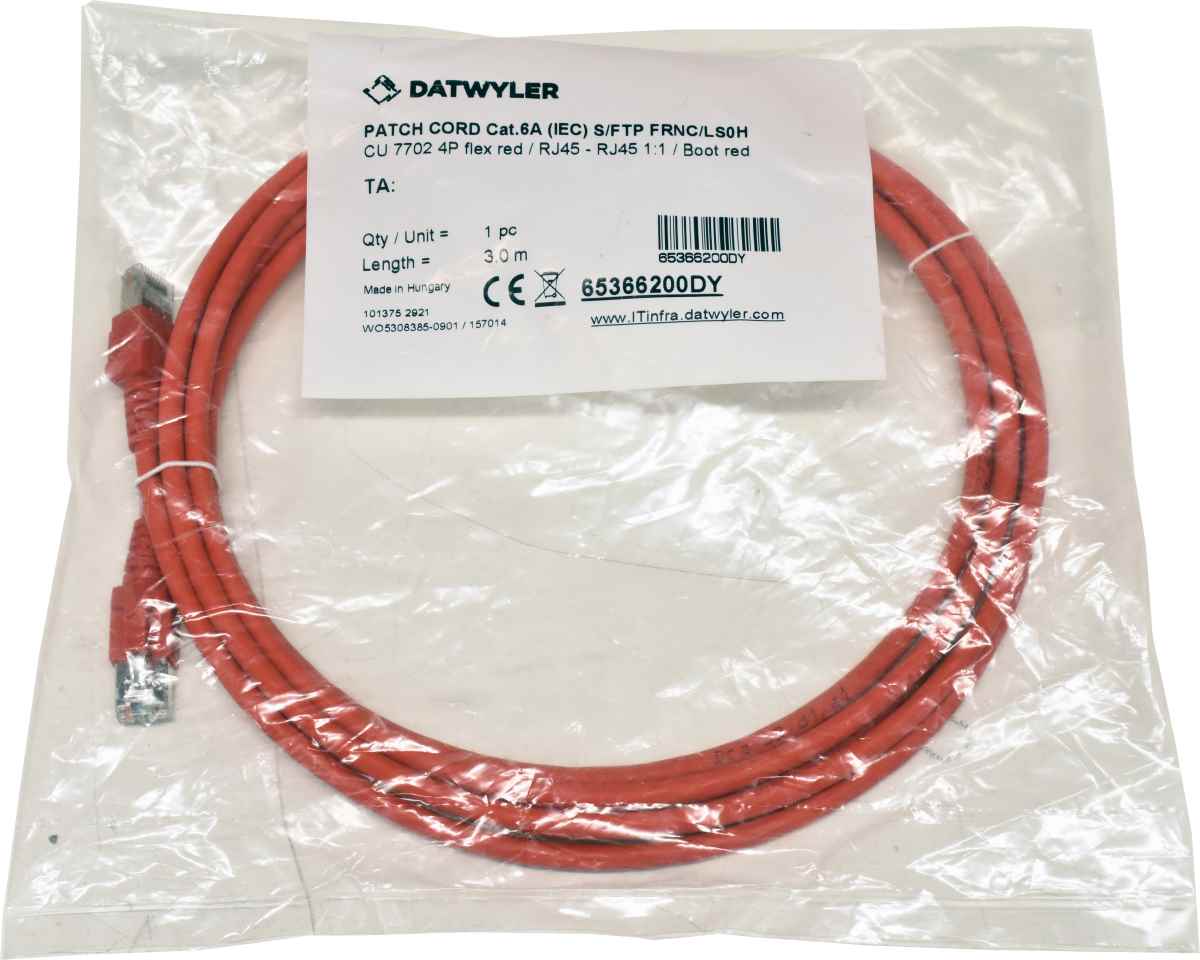 Dätwyler 3m 65366200DY Copper Patch Cord RJ-45 Cat.6A IEC red NEW NEU