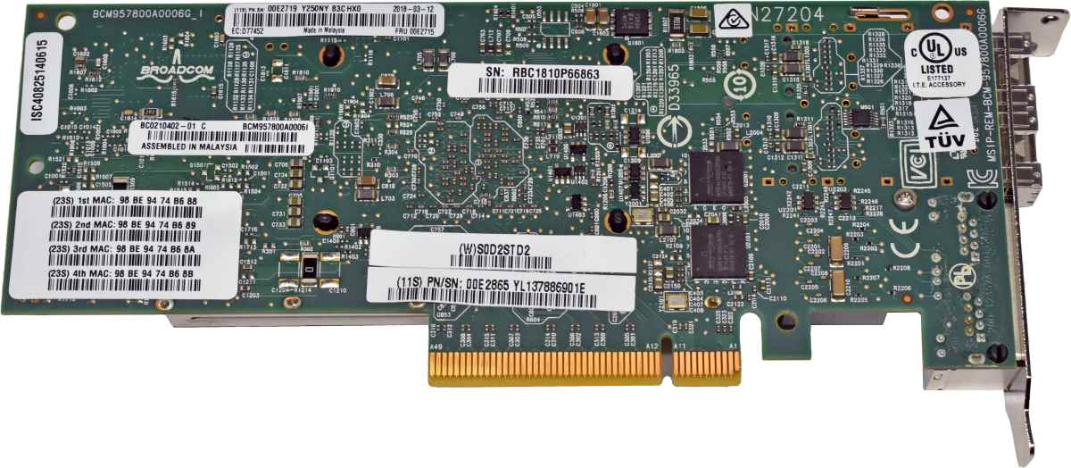 IBM Broadcom 00E2715 BCM957800A0006I 4-Port PCIe x8 Ethernet Adapter 2x 10G SFP+ 2x 1G RJ-45 LP IBM Broadcom 00E2715 BCM957800A0006I 4-Port PCIe x8 Ethernet Adapter 2x 10G SFP+ 2x 1G RJ-45 LP