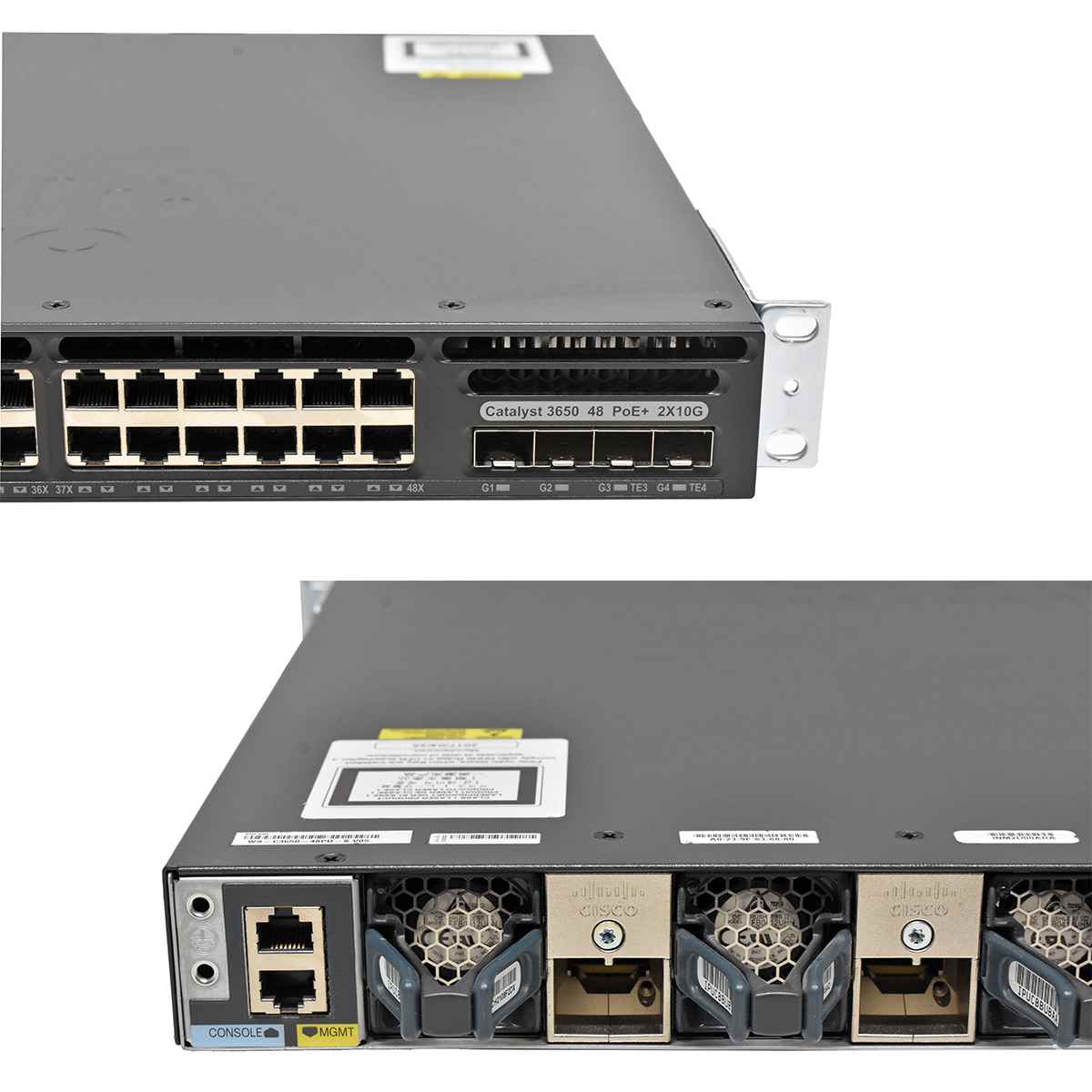 Cisco Catalyst WS-C3650-48PD 48-Port RJ-45 PoE+ GE Switch 2x 1G SFP 2x 10G SFP+ 2x PSU +Rack Ears Cisco Catalyst WS-C3650-48PD 48-Port RJ-45 PoE+ GE Switch 2x 1G SFP 2x 10G SFP+ 2x PSU +Rack Ears