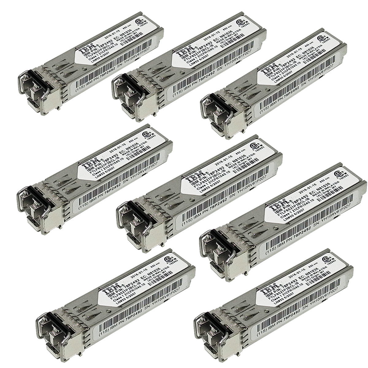 8 x IBM Finisar FTLF8527P3BLC-IB 8Gb SW 850nm SFP+ FC Transceivers 78P2492 8 x IBM Finisar FTLF8527P3BLC-IB 8Gb SW 850nm SFP+ FC Transceivers 78P2492