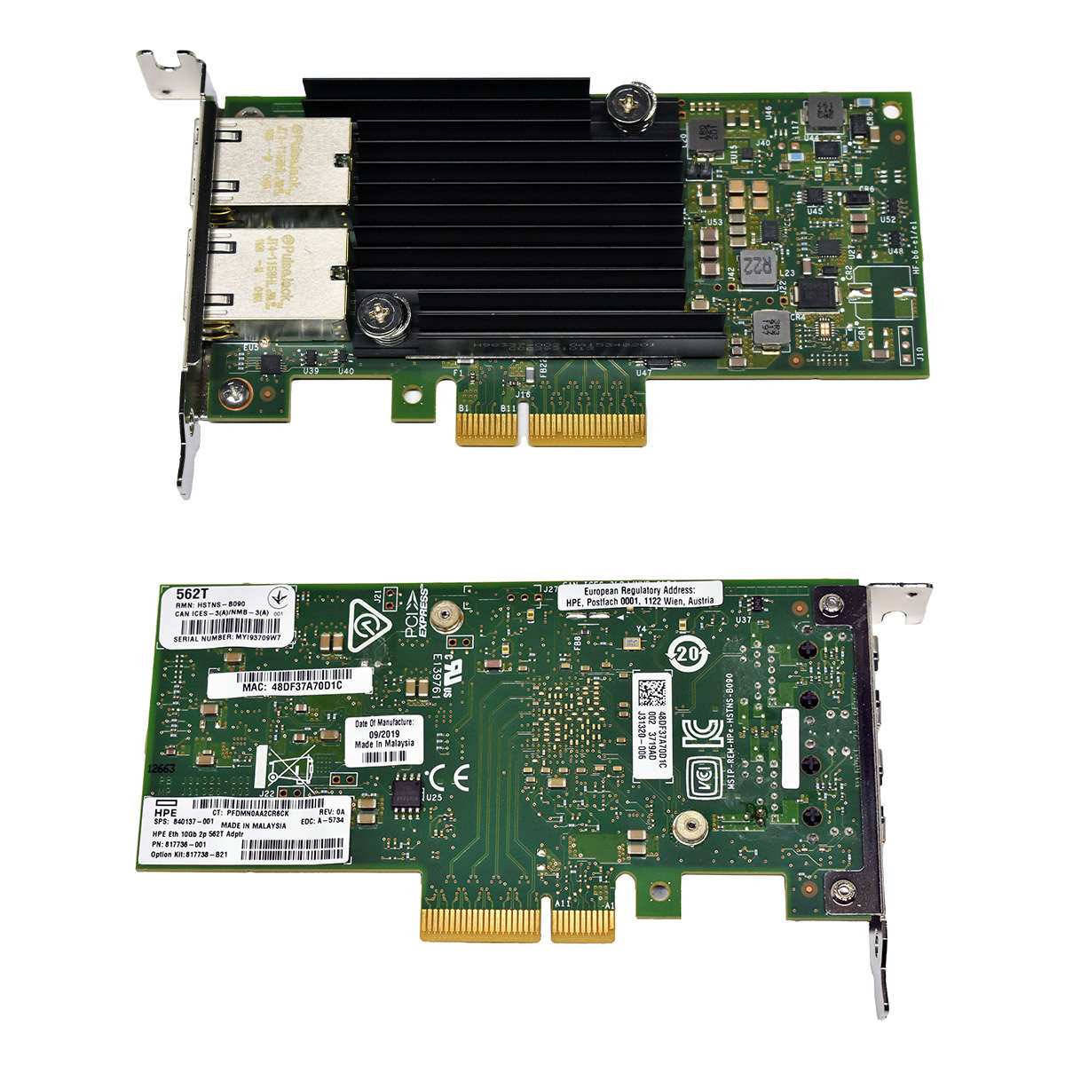 HP-562T-HSTNS-B090-Ethernet-Dual-Port-10GbE-SFP-PC-006.jpg HP 562T HSTNS-B090 Ethernet Dual-Port 10GbE SFP+ PCI-Express Server Adapter 840137-001 LP