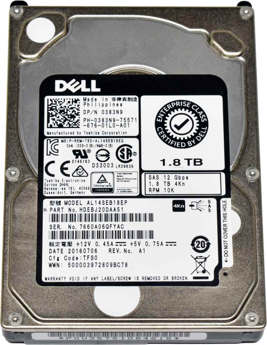 Dell Toshiba 1.8TB 0383N9 AL14SEB18EP 2.5" 10K 12G SAS HDD Dell Toshiba 1.8TB 0383N9 AL14SEB18EP 2.5" 10K 12G SAS HDD