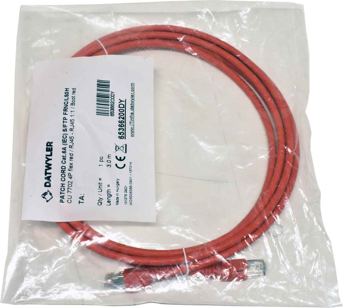 Dätwyler 3m 65366200DY Copper Patch Cord RJ-45 Cat.6A IEC red NEW NEU