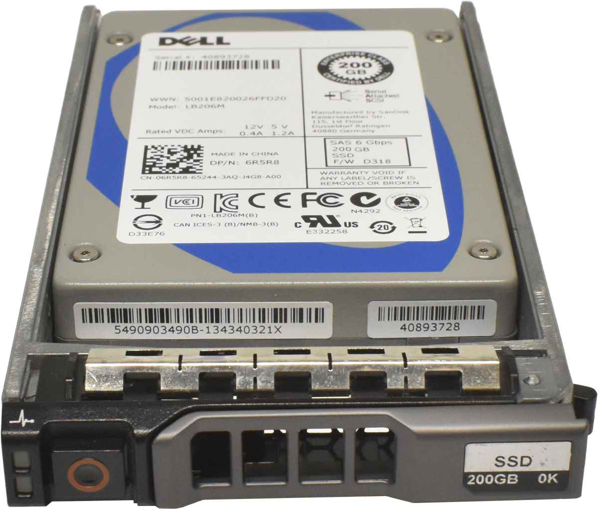 Dell 200GB 2.5" 6G SAS SFF SSD LB206M 6R5R8 + Rahmen