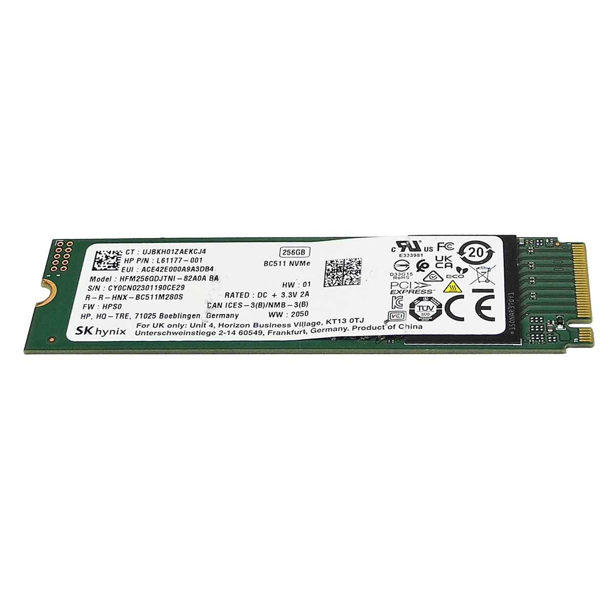 HP L61177-001 SK hynix BC511 NVMe SSD 256GB M.2 2280 PCIe Gen3.0 x4 NVMe